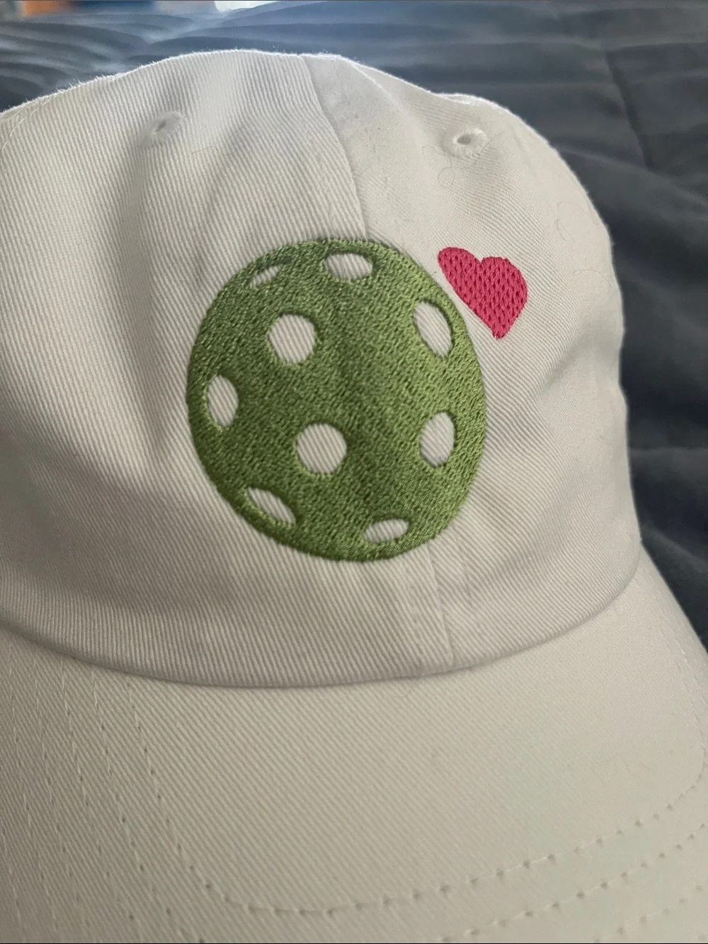 Pickleball love  White Cap with Green Polka Emblem and Pink Heart